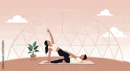 Harmonious Acro Yoga Session In Geodesic Dome For Couple Wellness And Growth
