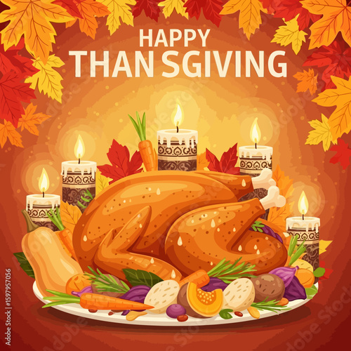 Thanksgiving Feast: An illustration of a festive Thanksgiving feast, including a roasted turkey centerpiece, surrounded by candles, autumn leaves, and an inviting atmosphere