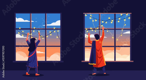 Festive Celebrations Preparation With String Lights During Indian Holiday