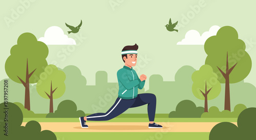 Man Doing Lunges In A Green Park For Fitness And Exercise Outdoors