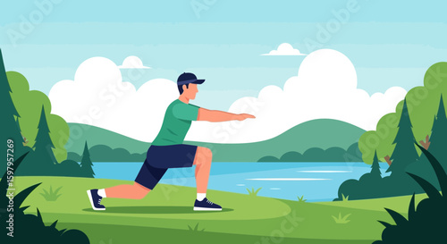 Man Doing Lunges In An Outdoors Landscape For Wellness And Exercise