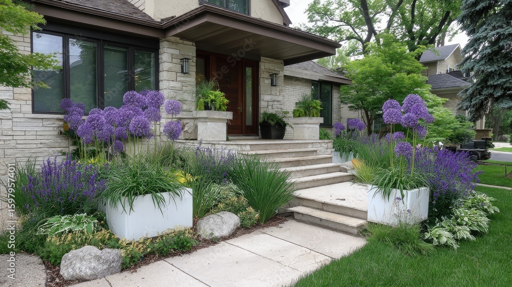 Naklejka premium Contemporary modern garden with clean pathways, modern planters, and stone features