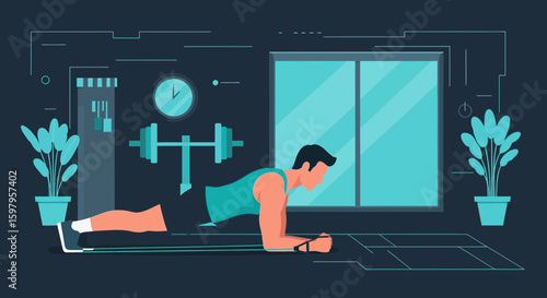 Man Doing Plank Exercise In Home Gym For Strength And Core Conditioning