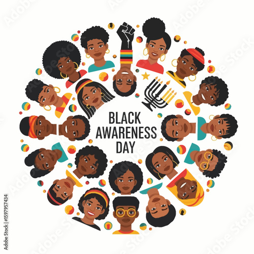 Black Awareness Day: A vibrant and inclusive illustration celebrating Black Awareness Day.  A diverse array of portraits come together to honor heritage and culture.