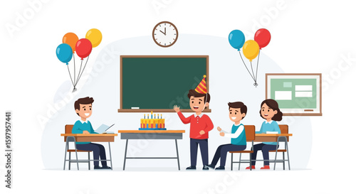 Festive Classroom Celebration Children Enjoying Birthday With Cake Balloons