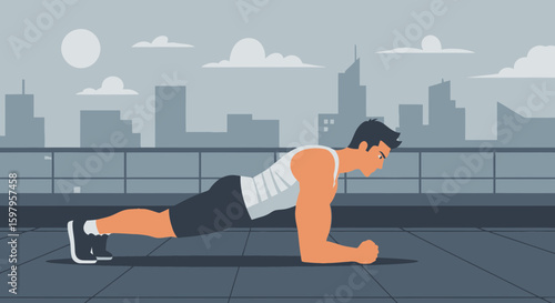 Man Doing Plank Exercise On A Rooftop For Wellness And Fitness Concept