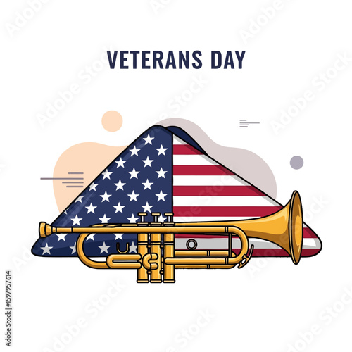 Honoring the Brave: A symbolic depiction of an American flag draped over a golden trumpet. A heartfelt illustration for Veterans Day, conveying a sense of patriotism, remembrance.