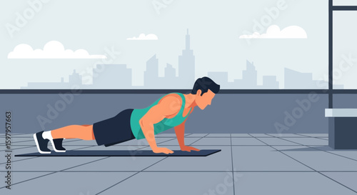 Man Doing Pushups Exercise on Rooftop with Cityscape View in Background
