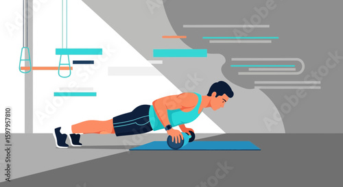 Man Doing Pushups On Ab Wheel At Gym For Core Muscle Workout