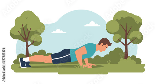 Man Doing Pushups Outdoors In A Park On Sunny Day For Sport Lifestyle