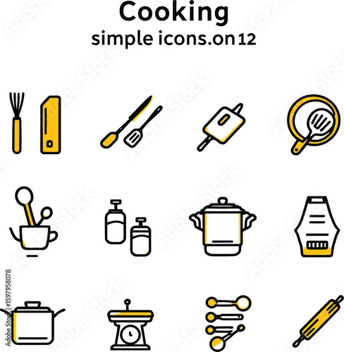  Cooking Utensils and Kitchenware Simple Line Icons - Yellow and Black Vector Se