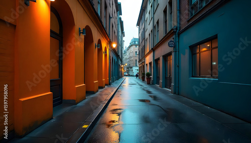 Rainy Street: A picturesque urban lane glistens with rain, framed by buildings, offering a visual journey down an alley on a wet day.