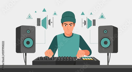 Musician Creates Electronic Sounds With Audio Mixing Console And Professional Speakers