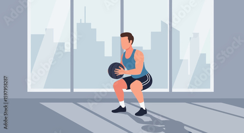 Man Doing Squats Exercise With Ball In Modern Interior Minimalist Illustration