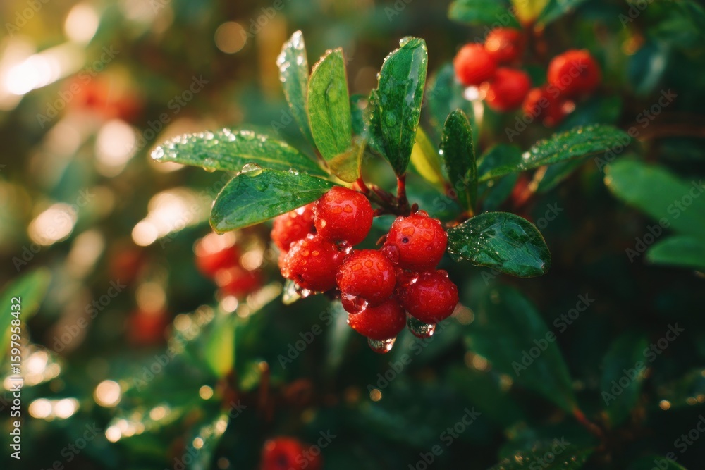 Obraz premium Vibrant red berries glisten with fresh raindrops among lush green leaves, capturing the beauty of nature's detail and the essence of a refreshing, natural scene.