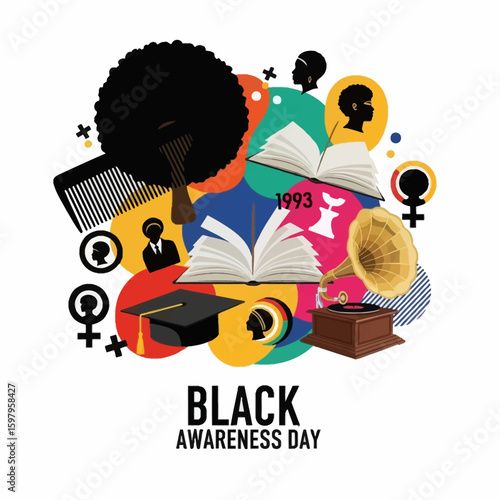 Black Awareness Day: An artistic composition, with books, silhouette and afro hair with multiple elements celebrating and commemorating Black awareness day. 