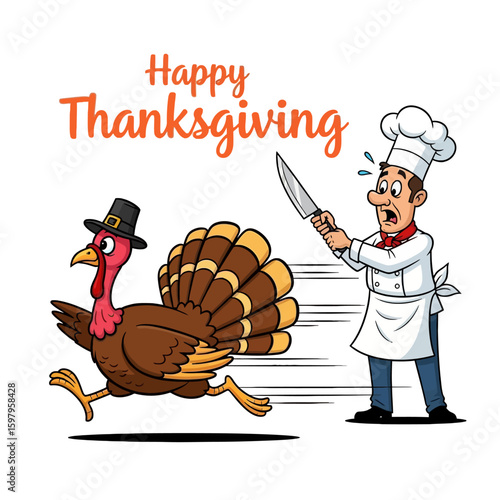 Thanksgiving Chase: A humorous cartoon depicts a chef chasing a turkey, celebrating the joy and spirit of Thanksgiving.