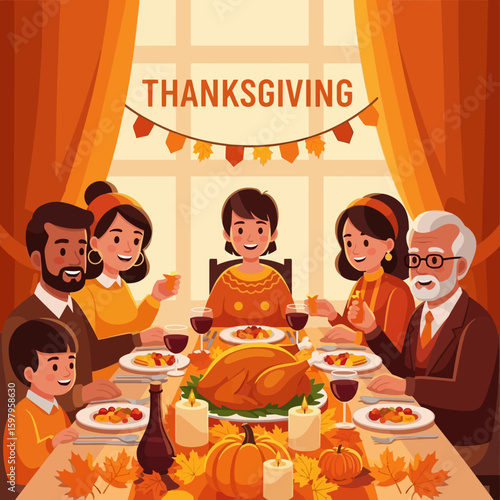 Thanksgiving Gathering: A cozy family scene at Thanksgiving, gathered around a beautifully set table with a roasted turkey centerpiece. Embracing the warmth and spirit of the holiday.
