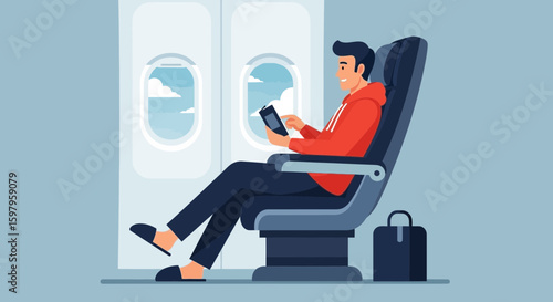 Man Enjoying Flight In Airplane, Reading Tablet, Looking Out The Window