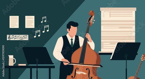 Musician Practicing The Contrabass In His Rehearsal Room With Musical Instruments