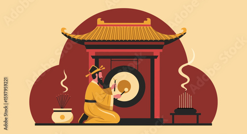 Illustrative Asian Ritual Gong Ceremony At Temple With Incense Sticks