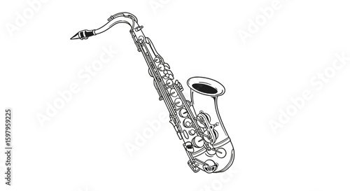 Vector Illustration of Classical Wind Instrument Saxophone-Jazz, Blues, Funk Clip Art with Contour Isolated on White