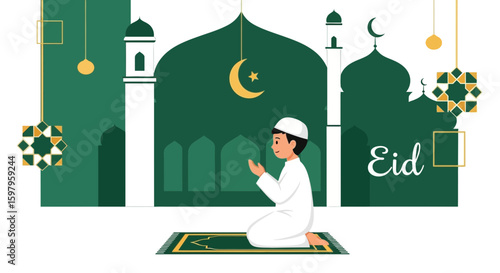 Muslim Boy Praying During Eid Festival with Mosque Background Illustration