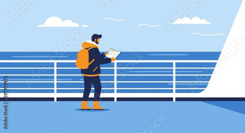 Man Enjoying Ocean View On Cruise Ship Vacation With Backpack And Guide