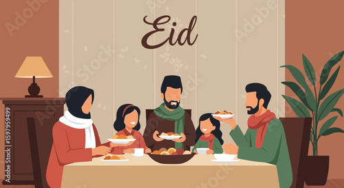 Muslim Family Celebrating Eid Together With Traditional Food At Dining Table