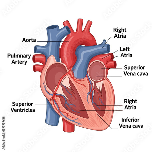 Anatomical illustration of a human heart showing the aorta, pulmonary artery, atria, ventricles, and vena cava.