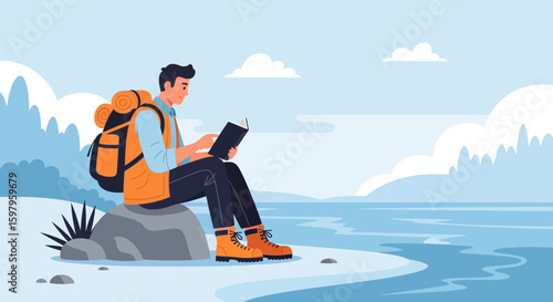 Man Enjoying Reading In Nature During His Hike In A Peaceful Environment