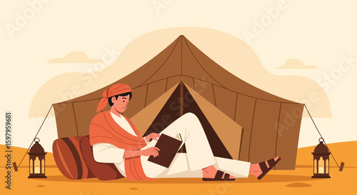 Illustrative Middle Eastern Traveler Reading a Book in Front of Tent