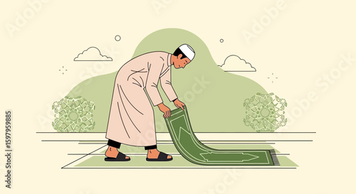 Muslim Man Prepares Prayer Rug in Serene Outdoor Setting Illustration