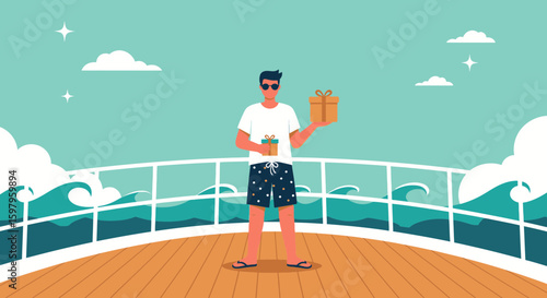 Man Enjoying Vacation Cruise Trip With Gift Boxes Celebration Festive Holiday