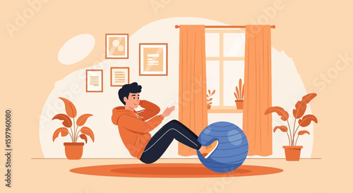 Man Exercising At Home With Fitness Ball Abs Workout Indoor Core Strength Training