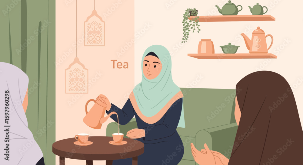 Muslim Women Enjoying Tea Together in an Elegant Living Room Environment Muslim Women Enjoying Tea Together in an Elegant Living Room Environment