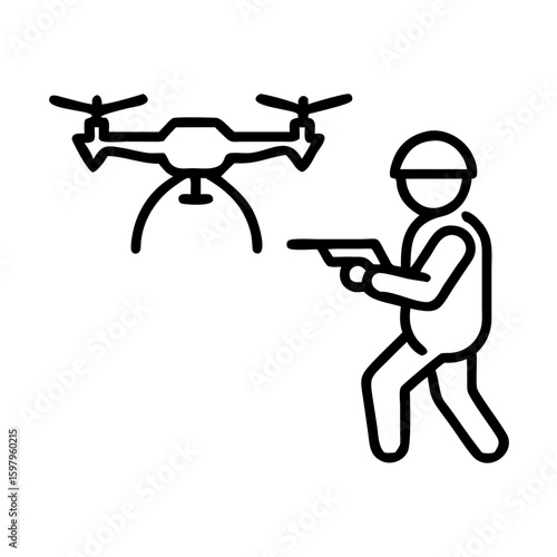 Soldier aiming at drone with weapon in military silhouette concept  