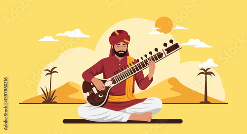 Indian Musician Plays Sitar in Desert Landscape Traditional Performance