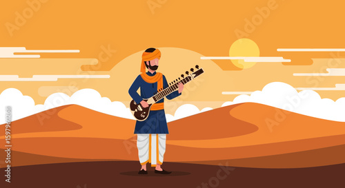 Indian Sitar Player Performing Traditional Music In a Desert Landscape