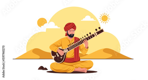 Indian Sitar Player In Desert Landscape Performing Ethnic Music On Sitar