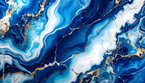 Abstract blue and gold liquid marble texture. Luxurious background with white swirls and elegant golden veins for a modern design.