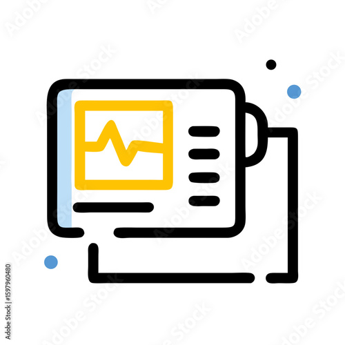 Medical defibrillator icon with heart monitor display and lines  