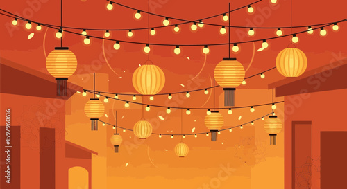 Festive Lanterns And String Lights Illuminate A Charming Evening Streetscape