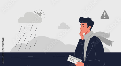 Man Holding Ticket Contemplating Travel Amidst Inclement Weather And Potential Delays