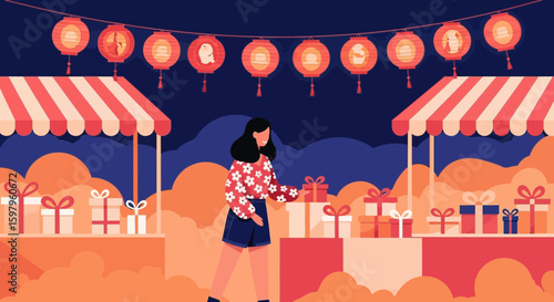 Festive Lunar New Year Market Scene With Woman Shopping For Gifts
