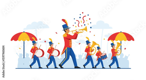 Festive Marching Band Parade Celebrating Special Event or Festival Occasion