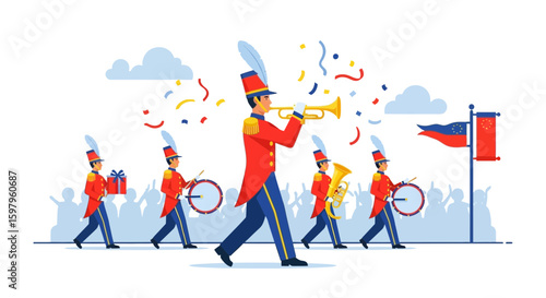 Festive Marching Band Parade Celebrating National Day with Music and Joy