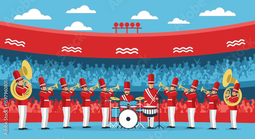 Festive Marching Band Performs For Cheering Crowd At Stadium Event