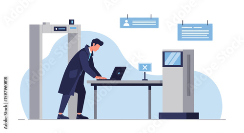 Man In Airport Security Checking Data On Laptop Preparing For Departure