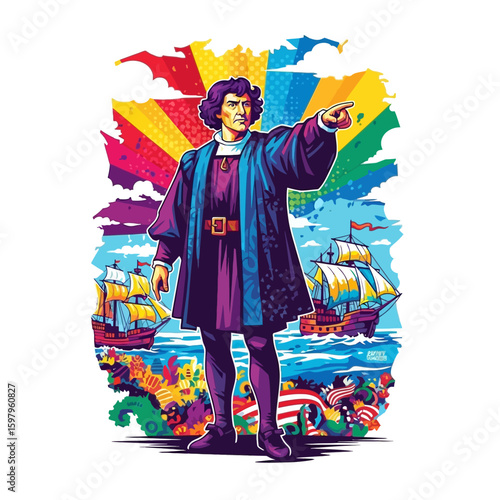 Christopher Columbus: A colorful and historical illustration depicts a detailed portrait of Christopher Columbus with a backdrop of ships and the ocean, perfect for those who appreciate history, art.